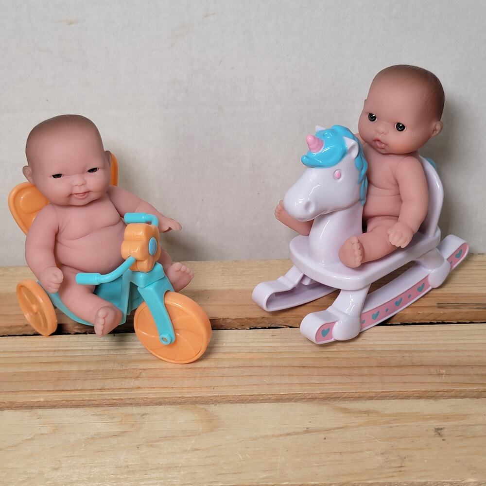 Set of 2 Lots To Love All Vinyl 5" Dolls w/ Tricycle & Rocking Horse